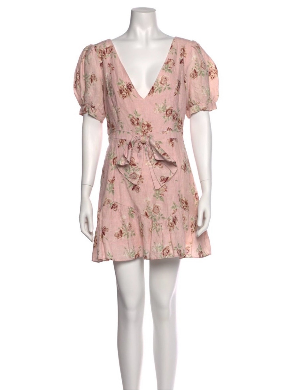 LoveShackFancy Pink Floral Linen Mini Dress Puff Sleeve Bow Detail Size Large - Picture 3 of 11